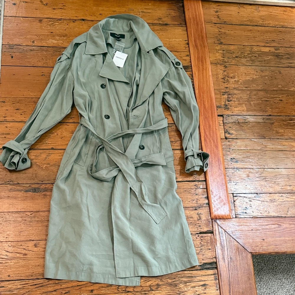 Forever 21 Light Sage Double-Breasted Trench Coat